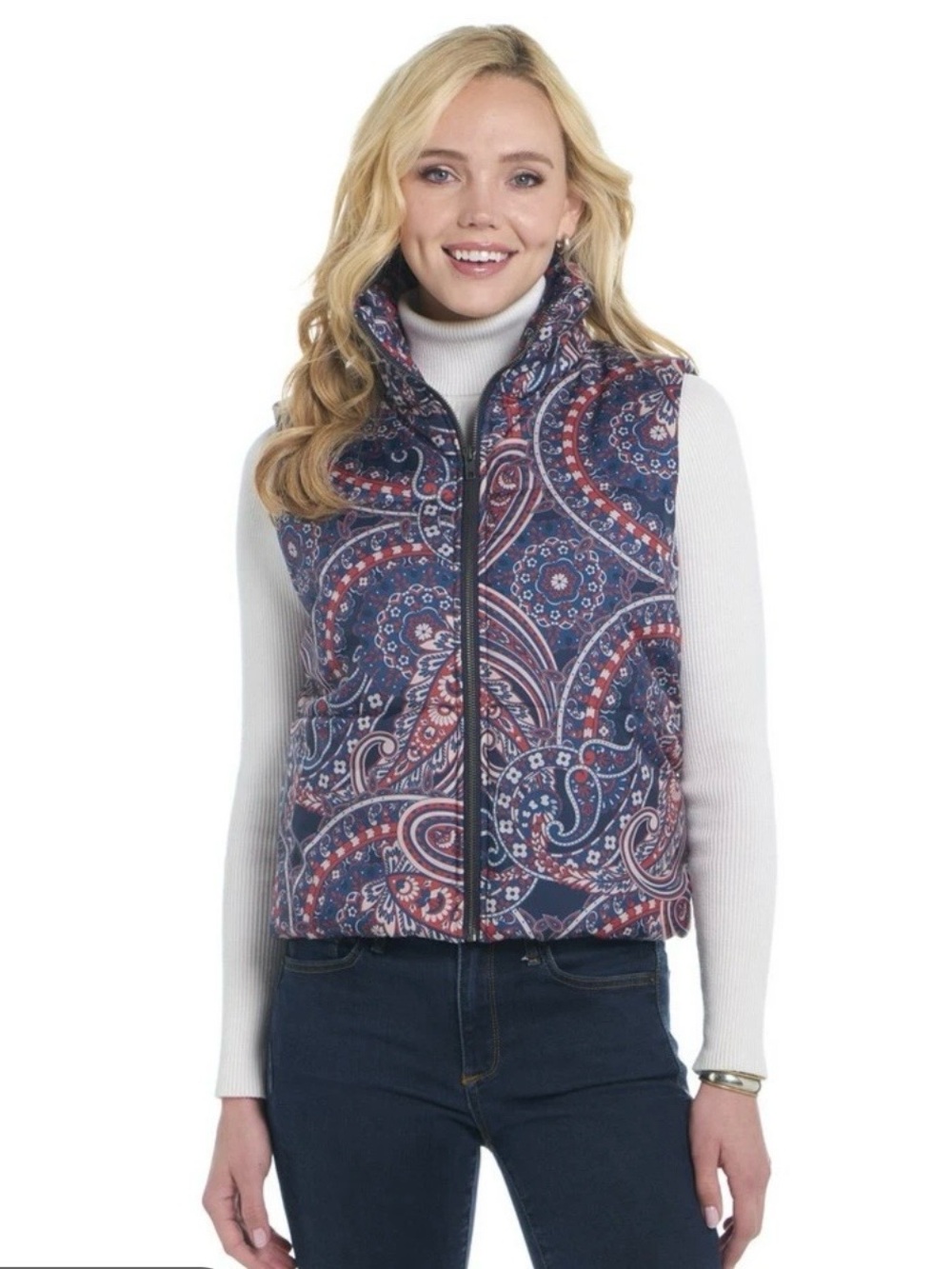 Talbots Navy Quilted Paisley Print Vest
